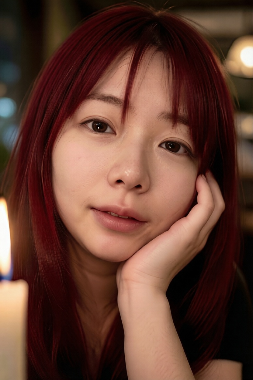 An extreme close-up photo of sitting in a dimly lit,  cozy cafe. She is leaning her chin on her hand,  looking directly in...