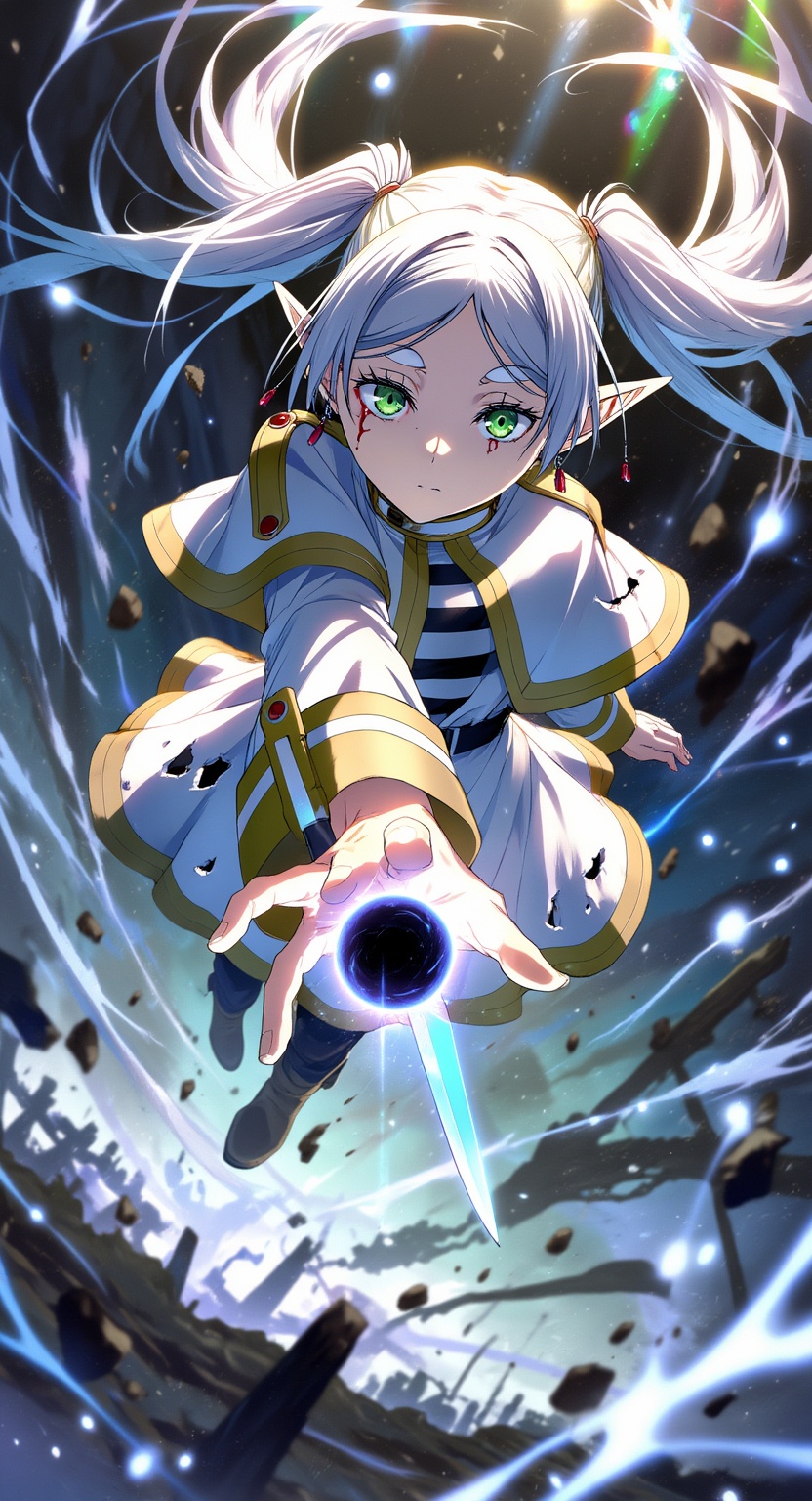 Frieren from Sousou no Frieren floats in midair,  her long white twintails glowing under prism-like flares. One green eye...