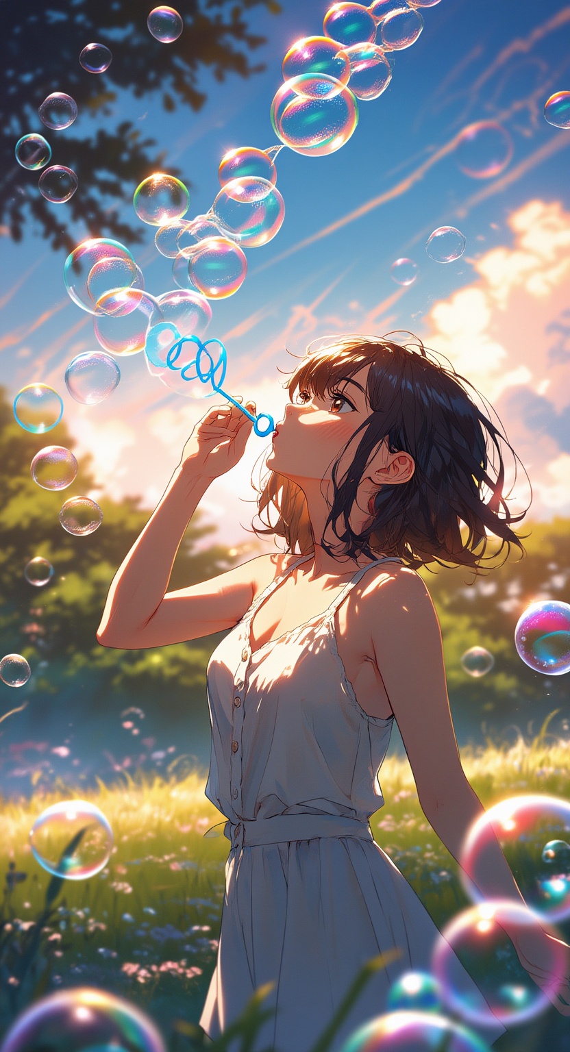 "A young woman blowing soap bubbles in an open field,  chasing after the floating spheres as they drift into the sky. Sunl...
