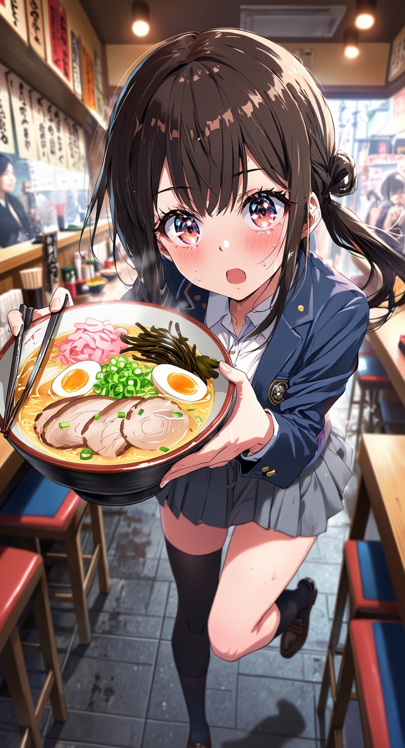 Hakata ramen（giant bowl、Lots of steam、High school girl with lots of ingredients、Cloudy Soup、The interior of the store with...