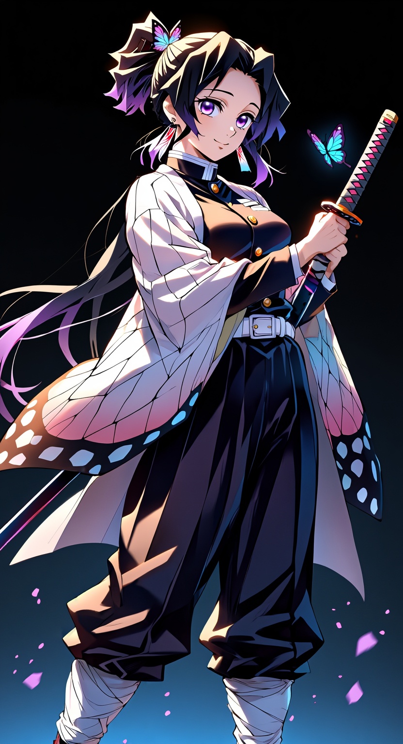 Kochou Shinobu from Kimetsu no Yaiba stands in her Demon Slayer uniform,  wearing a butterfly‑print haori and hair ornamen...