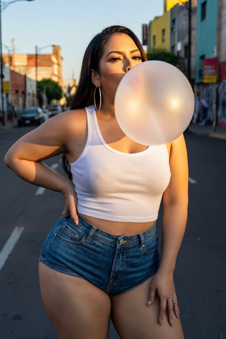 Medium shot of a thicc latina woman with dramatic curves,  wide hips and thick thighs,  wearing tight high-waisted denim s...