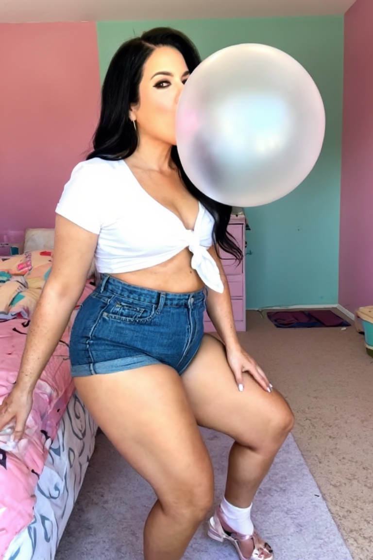 Medium shot of a thick latina woman exuding confidence,  very pronounced hips and rounded figure,  glossy long black hair...