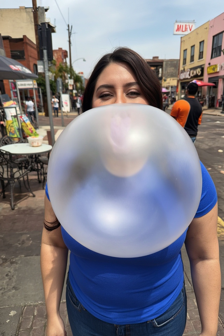 Medium shot of a thicc latina female blowing bubblegum on Tensor.Art