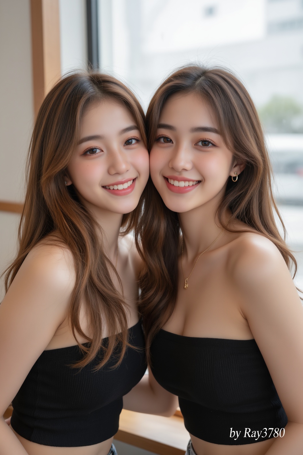 masterpiece,  best quality,  两位年轻亚洲女性亲密依偎的特写肖像 on Tensor.Art