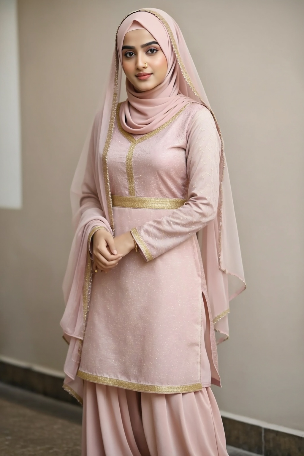 Realistic Indian Muslim bride,  mid-body framing,  wearing a blush pink bridal outfit with soft gold accents on Tensor.Art