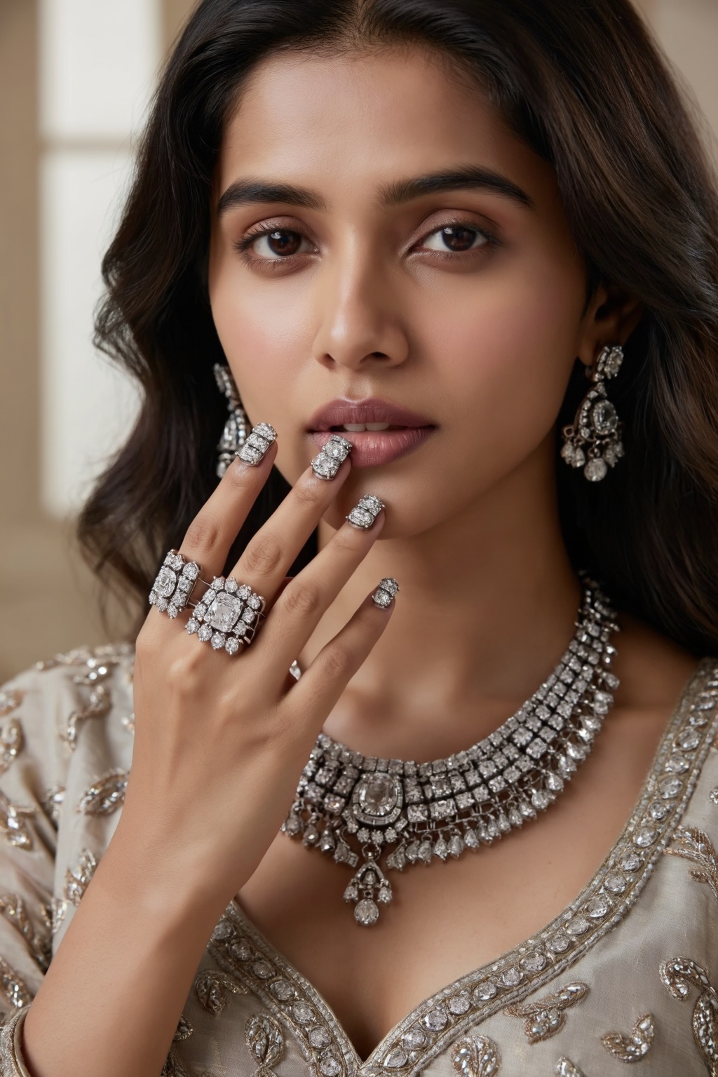 Hyper-realistic fashion photograph of a cute Indian woman with refined features,  mid-frame composition,  wearing elegant...