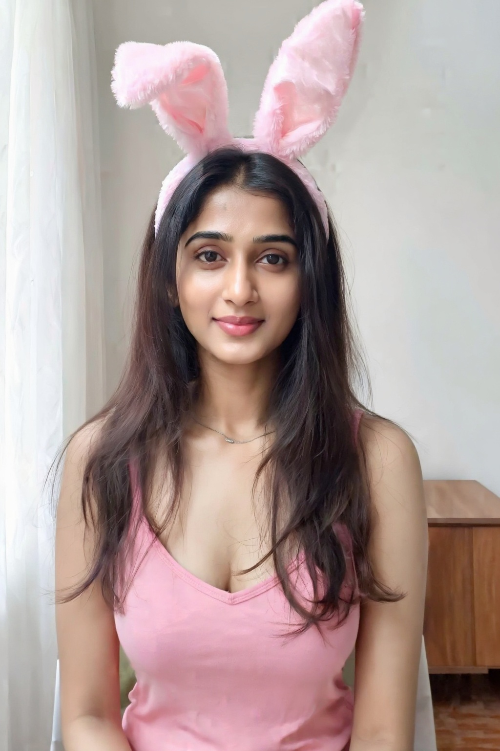 An Indian woman woman with long,  dark brown hair cascading naturally over her shoulders,  wearing a soft pink **** top an...