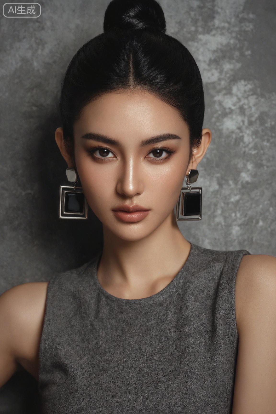 这是一张极具时尚感的杂志风格图片,主体是一位妆容精致的女性。她梳着干净利落的高束发型,露出光洁的额头与优美的脸部线条。佩戴着一对造型独特的方形大耳环,耳环由多层金属框架嵌套而成,中间似乎嵌有深色材质,设计简约又不失奢华感。身着一件无袖的灰色质感上衣,凸显出优雅的肩颈线条。
风格上属于高端时尚风,背景为灰调且带有细腻纹理,营造出沉稳大气的氛围,与人物主体形成对比,突出人物形象。光线采用了柔和的侧光,巧妙勾勒出脸部的立体轮廓,同时让肌肤呈现出细腻的光泽感,增添了神秘而高雅的韵味。
渲染方式写实,色彩搭配上以人物的肤色、灰色上衣、金属质感的耳环以及灰调背景为主,整体色调和谐统一且富有质感。构图为人物的正面特写,将人物的精致五官与时尚配饰完美展现,镜头视角为特写,搭配后期精心调校的色调与光影,使得整张图片充满了高端时尚杂志的高级质感,传递出前卫、精致的时尚态度。画面中还有文字元素,整体风格高级,简约,充满时尚与艺术感,色调以黑,银,灰为主,传递出精致的视觉效果,