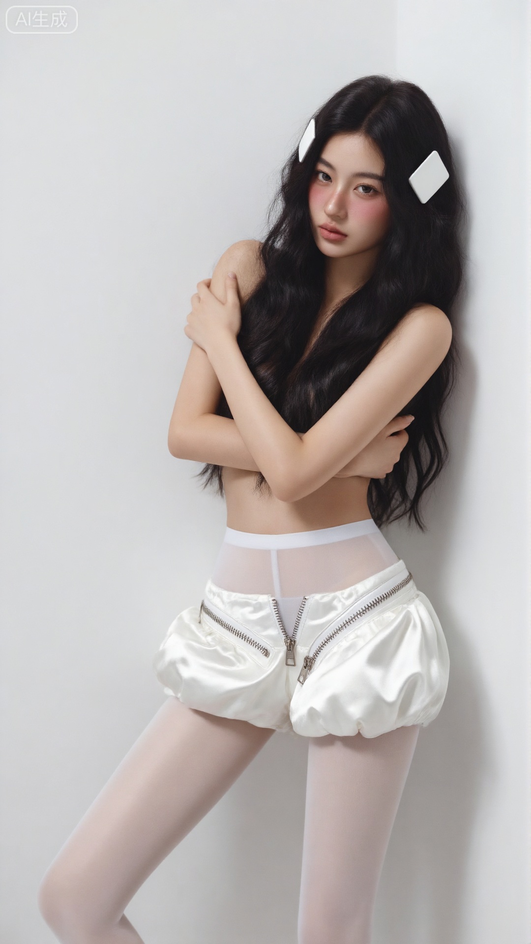 主体描述：一位22 岁东亚女性,侧身倚靠纯白墙面,双臂环抱于胸前（遮挡上半身）,左腿微屈,右腿伸直,头部转向镜头,眼神平静直视,唇瓣轻闭呈放松状态,脸颊带自然粉调红晕,长发为深黑色大波浪,发尾垂至腰侧。穿着：下身着白色充气式立体短裤（材质为哑光缎面,表面装饰多组金属拉链）,搭配浅白色透明丝袜；头发别着两枚白色方形别针配饰,无其他衣物与首饰。互动细节：身体与墙面呈轻微倾斜角度,右臂肘部轻抵墙面,左手手指轻搭右臂小臂,发丝部分垂落在肩颈处。场景：极简白色摄影棚,背景为哑光纯白涂料墙面,地面是同色系哑光地砖,无其他装饰物品,空间空旷整洁。氛围：冷冽简约的时尚感,空气干燥凉爽,时间流速平缓,如同静态的先锋时尚杂志内页,自带疏离的精致感。灯光：顶部偏左的柔光箱提供主光,右侧补光消除阴影,光线均匀覆盖全身,在充气短裤的立体褶皱处形成柔和明暗过渡,丝袜表面有细腻光泽。后期处理：参考《VOGUE》先锋时尚大片风格,色彩为高亮度低饱和的白调,强化缎面的哑光质感与丝袜的通透度,保留皮肤自然肌理,锐度集中于拉链等细节,无颗粒感。质量保证：需排除充气短裤形态扭曲、丝袜材质模糊、别针装饰错位、拉链造型错乱、肢体比例失调、发丝与背景粘连等AI 生成瑕疵。
