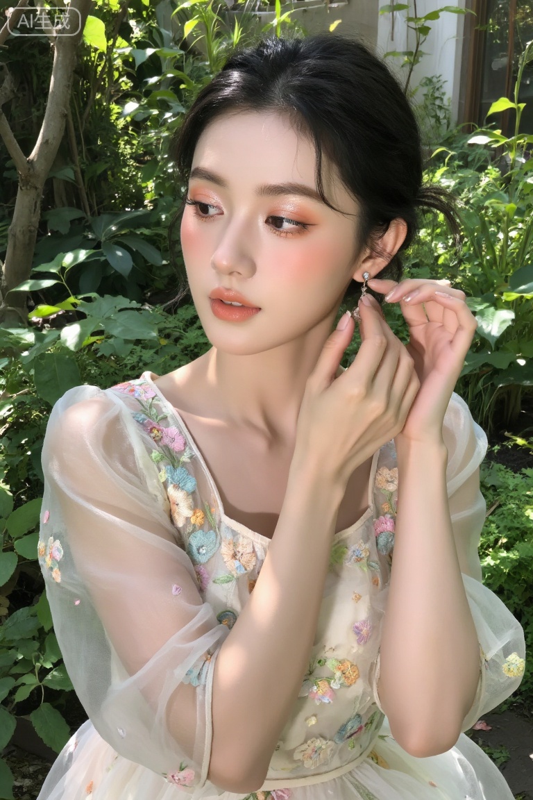 Waist-up shot of a stunning East Asian woman in a lush botanical garden. She wears a delicate floral embroidery organza top. Her makeup is "Spring-inspired" with peach-toned blush and shimmering lids. She is gently touching an earring, looking away with an elegant profile. Shot on Canon EOS R5, 50mm f/1.2. Natural sunlight filtered through leaves creating a dappled light effect.
