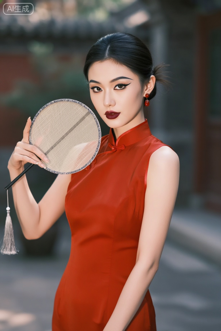 Waist-up portrait of an East Asian woman wearing a modern red Qipao. Her makeup features a precise cat-eye liner and a deep cherry-colored lip. She is holding a traditional circular fan gracefully near her shoulder. Shot on Fujifilm GFX 100S, 110mm f/2. The background is a blurred traditional courtyard, creating a stunning contrast with her sharp, modern makeup.
