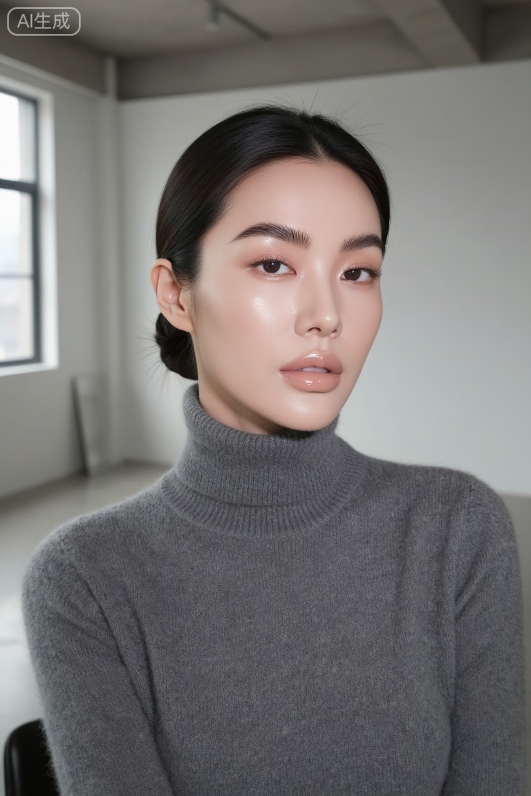 Medium shot of an East Asian woman in a high-end minimalist loft. She is wearing a grey turtleneck cashmere sweater. Her makeup is "Quiet Luxury" style: flawless nude foundation, natural bushy brows, and a clear lip oil. Her hair is tied in a sleek low bun. Shot on Hasselblad X2D, 100mm f/2.8. Soft, diffused window light.