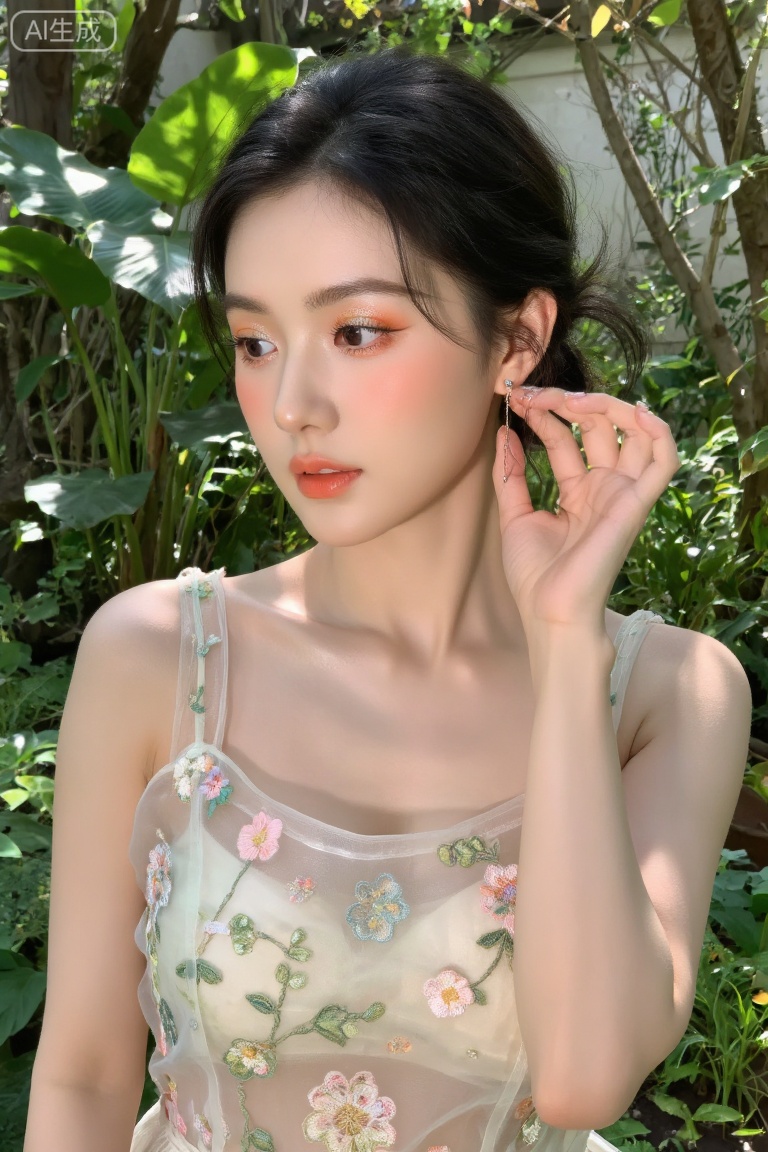 Waist-up shot of a stunning East Asian woman in a lush botanical garden. She wears a delicate floral embroidery organza top. Her makeup is "Spring-inspired" with peach-toned blush and shimmering lids. She is gently touching an earring, looking away with an elegant profile. Shot on Canon EOS R5, 50mm f/1.2. Natural sunlight filtered through leaves creating a dappled light effect.