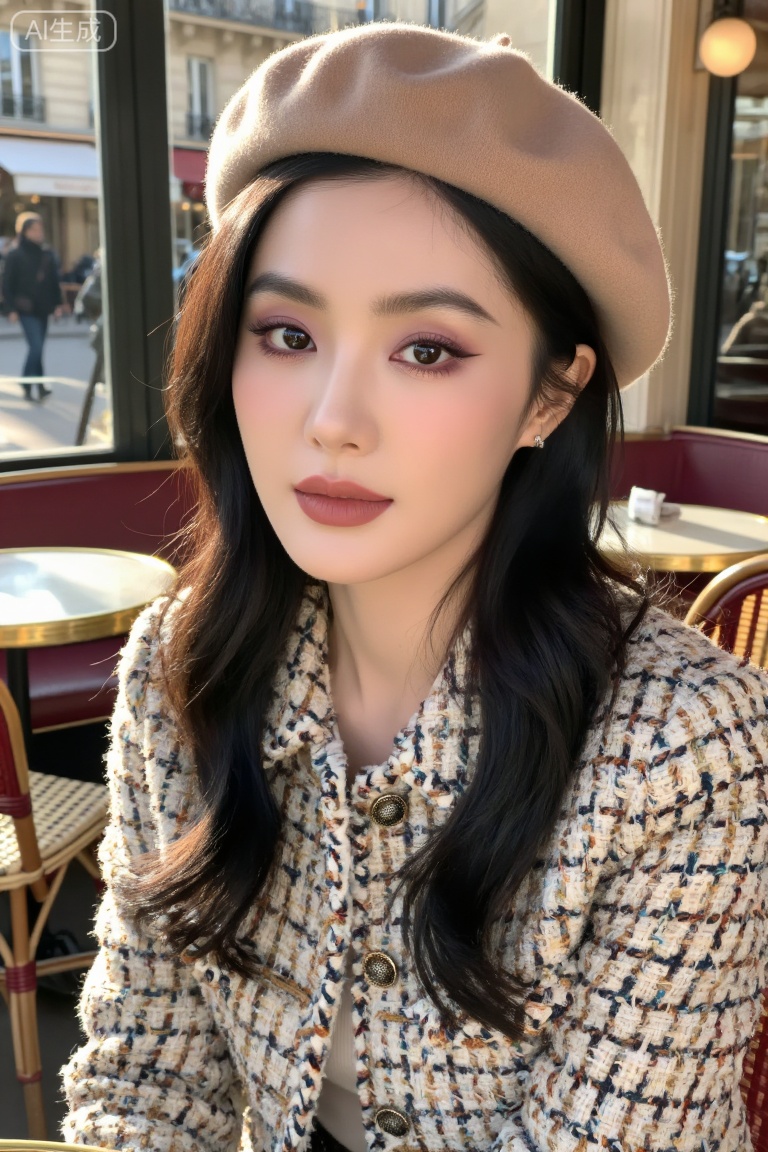 Half-body portrait of an East Asian woman at a Parisian cafe. She wears a tweed jacket and a beret. Her makeup is "French Girl" style but adapted for East Asian features: soft smudged eyeliner and a natural rosewood lip color. Shot on Leica M11, 50mm f/1.4. The morning sunlight adds a warm, inviting glow to her face.