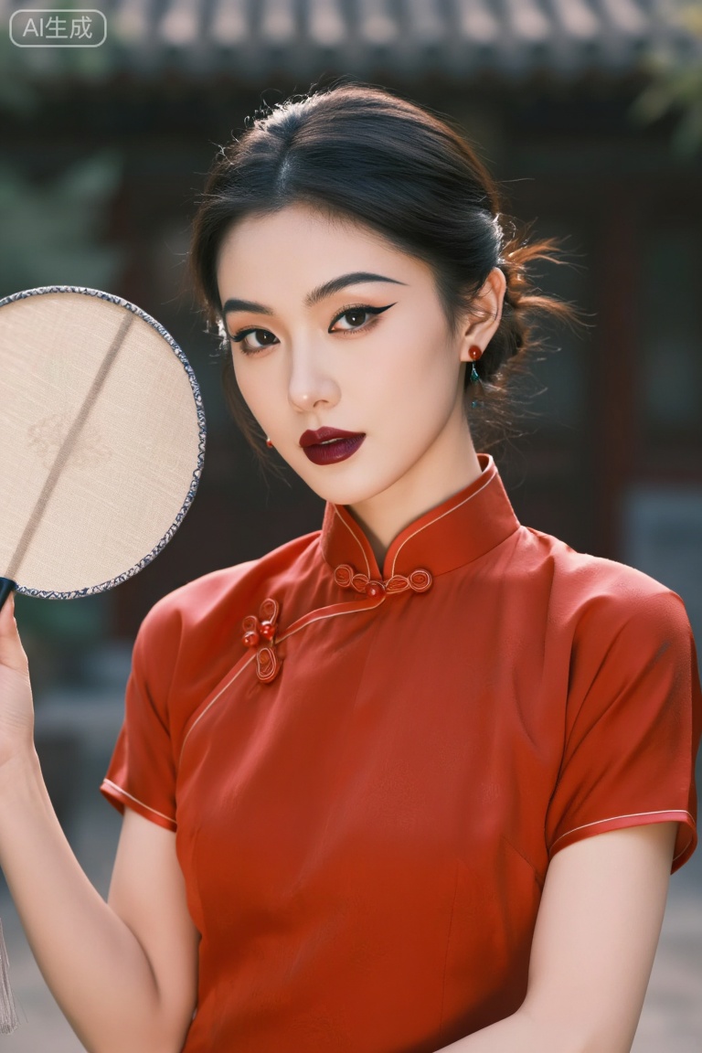 Waist-up portrait of an East Asian woman wearing a modern red Qipao. Her makeup features a precise cat-eye liner and a deep cherry-colored lip. She is holding a traditional circular fan gracefully near her shoulder. Shot on Fujifilm GFX 100S, 110mm f/2. The background is a blurred traditional courtyard, creating a stunning contrast with her sharp, modern makeup.