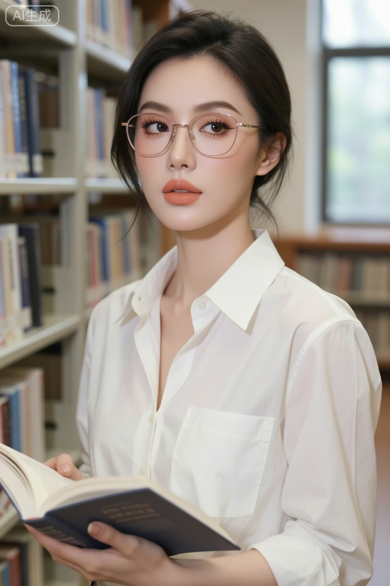 Medium shot of an East Asian woman in a sunlit library. She wears a white oversized button-down shirt and glasses. Her makeup is "Smart-Casual": clean skin, light brown mascara, and a matte peach lip. She is holding a book, looking thoughtfully into the distance. Shot on Kodak Portra 160, 50mm f/1.4. The image feels intellectual and pure.