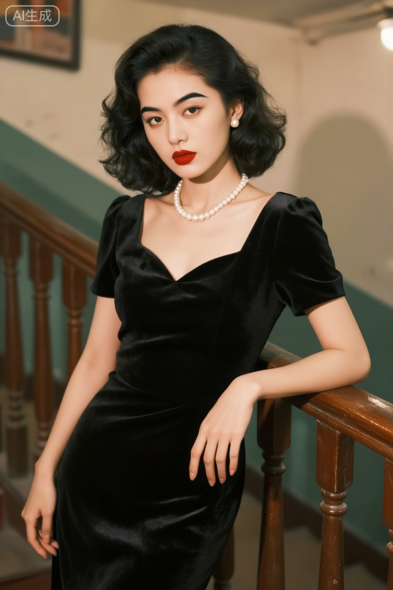 Half-body shot of an East Asian woman with a 90s retro Hong Kong aesthetic. She wears a classic black velvet dress with a pearl necklace. Bold matte red lips and perfectly arched eyebrows. She is leaning slightly against a vintage mahogany railing. Shot on Kodak Portra 400, 85mm f/1.4. The warm, nostalgic lighting emphasizes her sophisticated beauty.