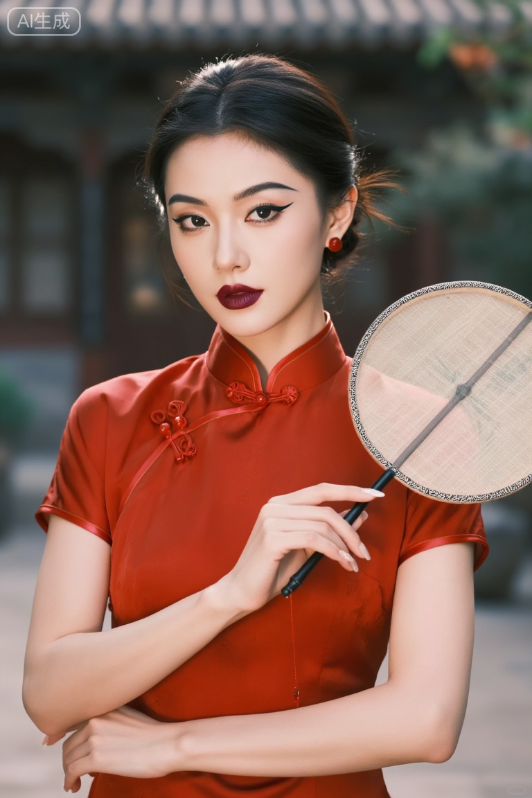 Waist-up portrait of an East Asian woman wearing a modern red Qipao. Her makeup features a precise cat-eye liner and a deep cherry-colored lip. She is holding a traditional circular fan gracefully near her shoulder. Shot on Fujifilm GFX 100S, 110mm f/2. The background is a blurred traditional courtyard, creating a stunning contrast with her sharp, modern makeup.