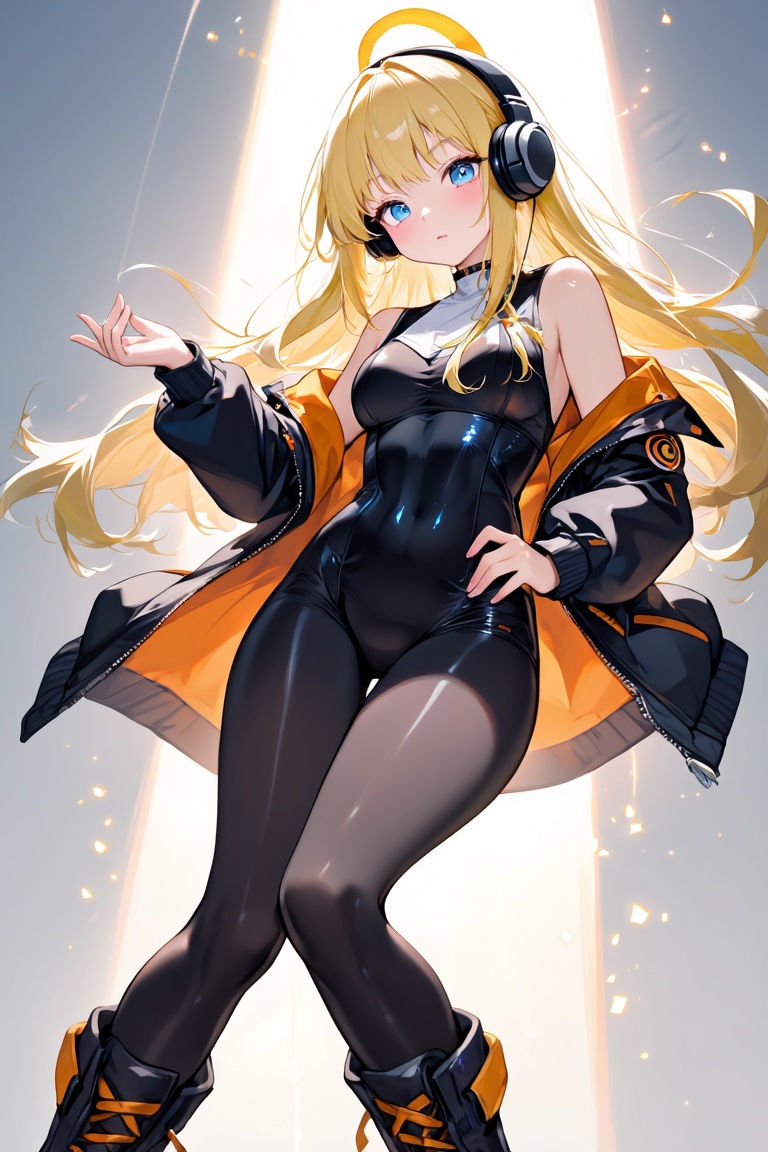 [ beautiful anime of] The image depicts a stylized anime-style character with long blonde hair and blue eyes. She is weari...