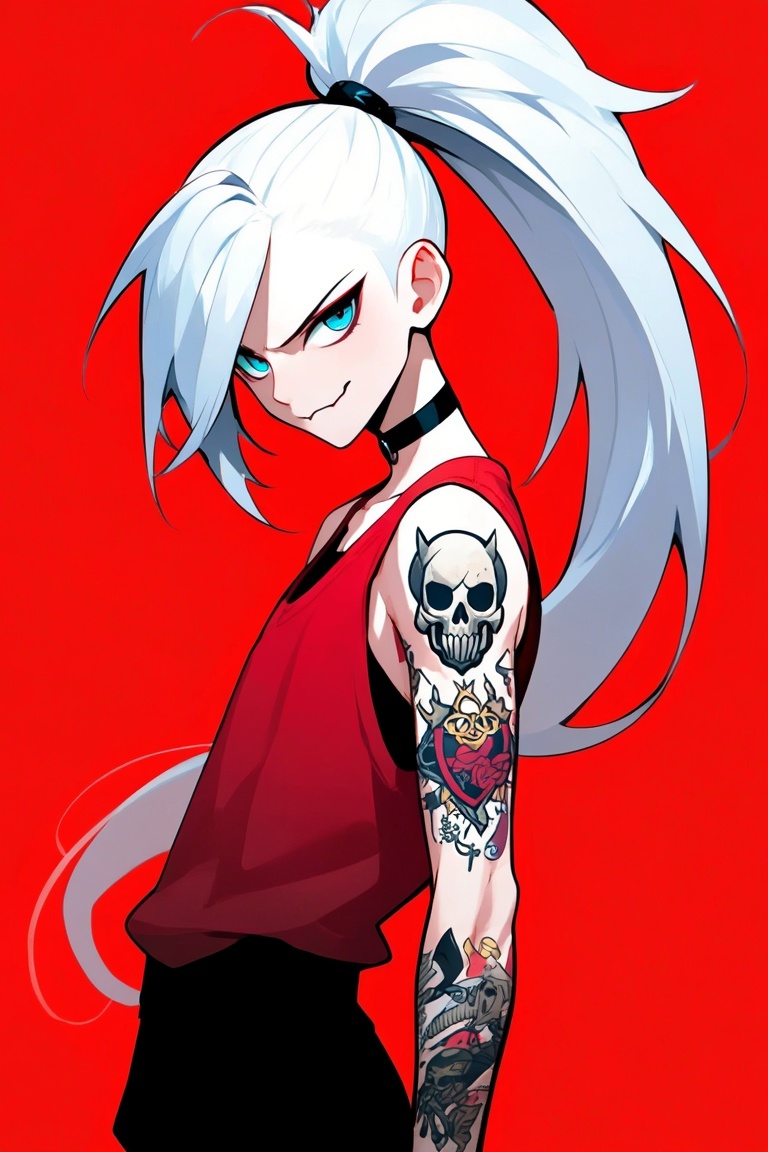 The image depicts a stylized,  anime-inspired character with long white hair tied in a high ponytail. The character has st...