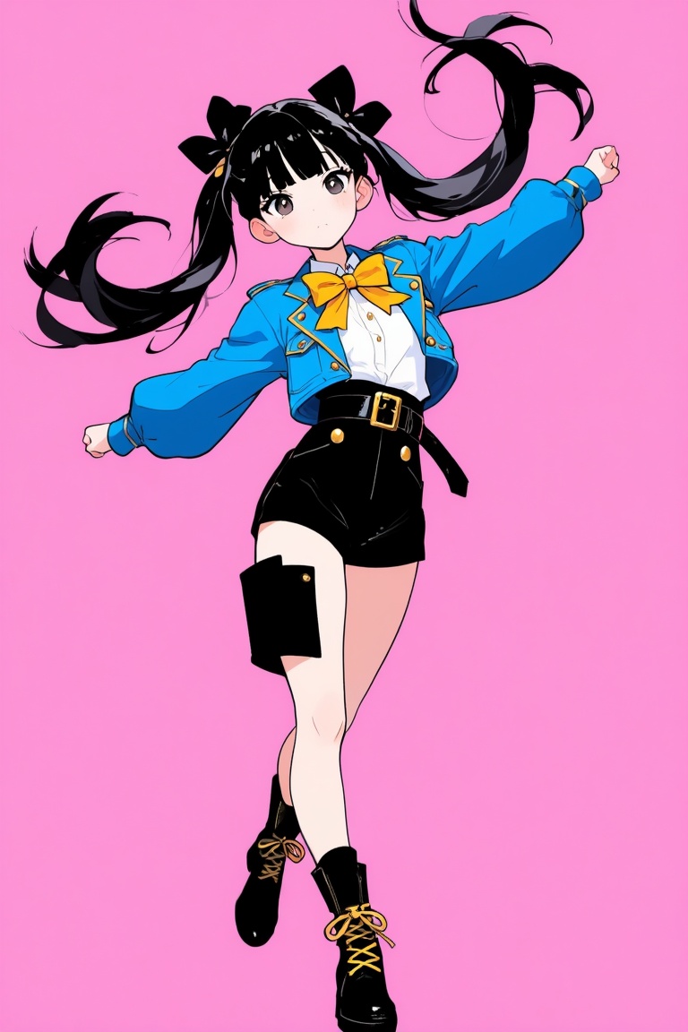 The image depicts a stylized anime-style character with long black hair tied into two ponytails,  each adorned with large...