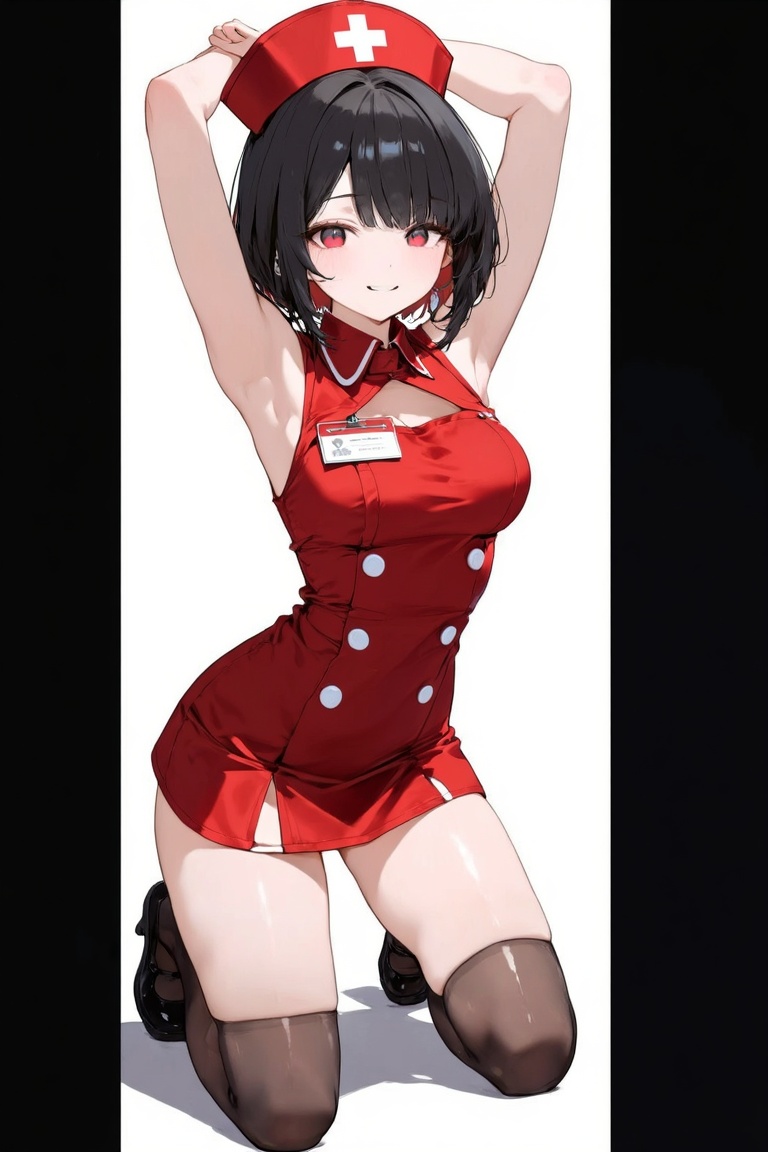 The image depicts a character dressed in a red nurse uniform,  complete with a matching cap featuring a white cross. The c...