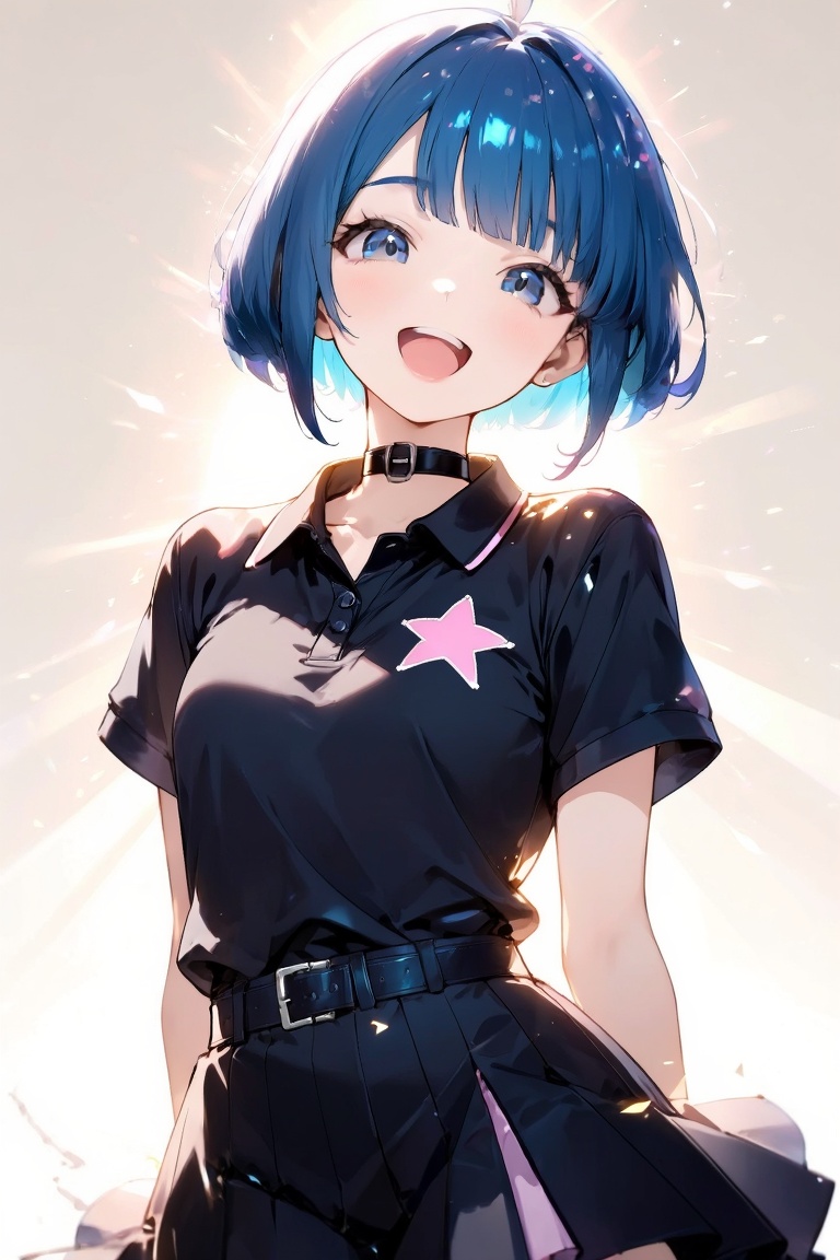 [ beautiful anime of] The image depicts a young woman with short,  blue hair styled in a bob cut. She is wearing a black p...