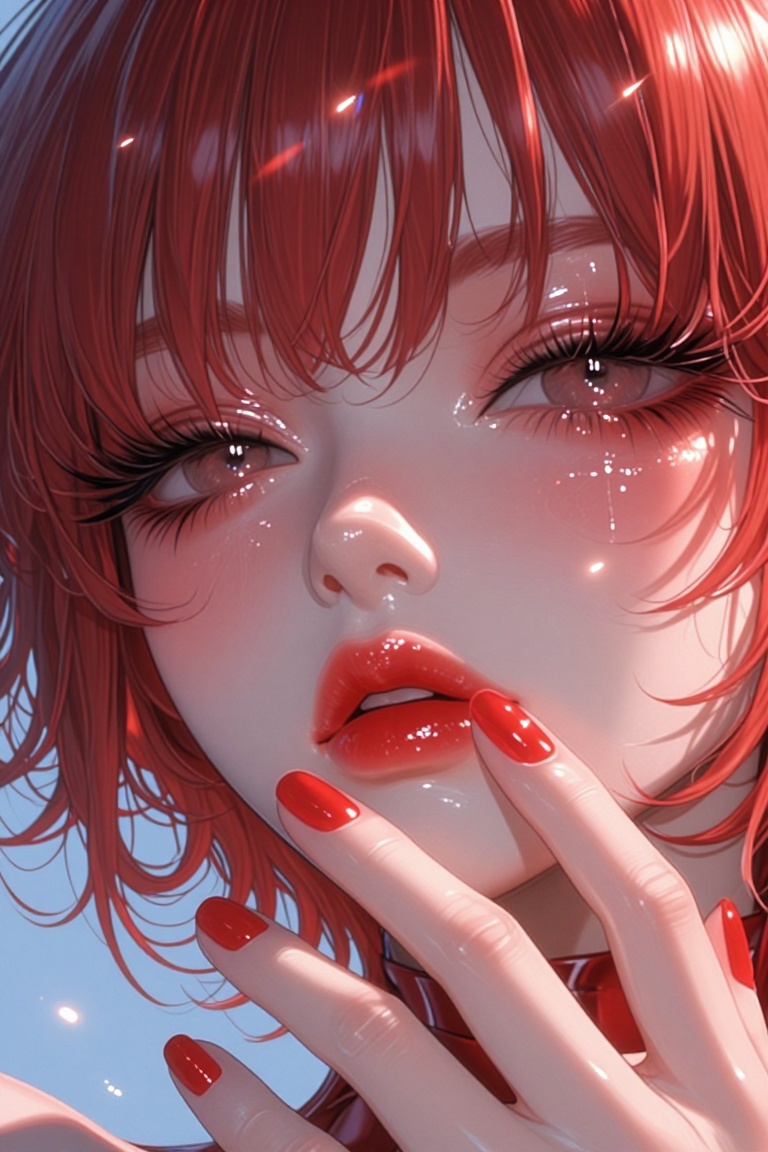 [ beautiful anime of] The image depicts a close-up of a person with striking red hair and fair skin. The individual has a...