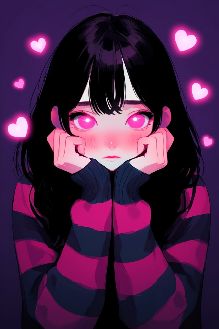 The image depicts a young girl with long black hair and large,  glowing pink eyes. She is wearing a dark,  striped sweater...