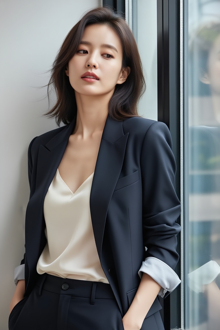 portrait of a beautiful woman leaning casually near a window,  Her blazer is worn open,  sleeves slightly pushed up on Ten...