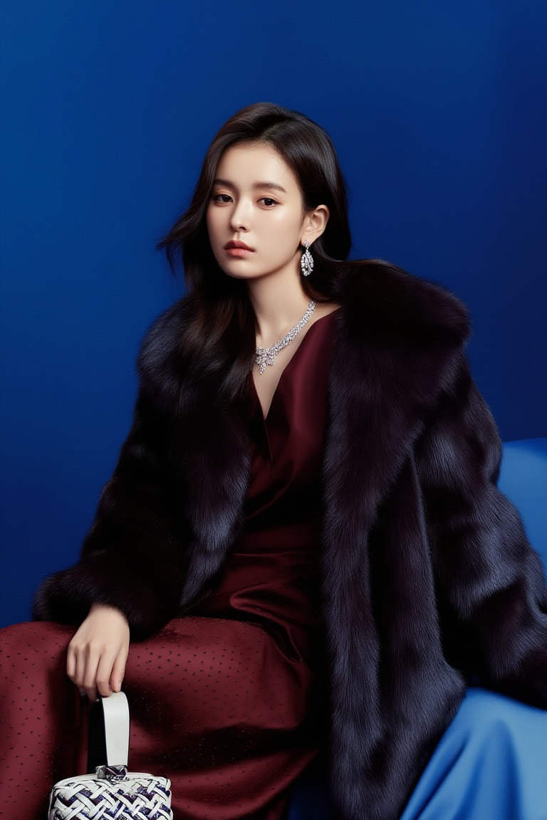 editorial fashion portrait of a 20yo woman seated calmly,  long dark hair softly framing the face,  composed and slightly...