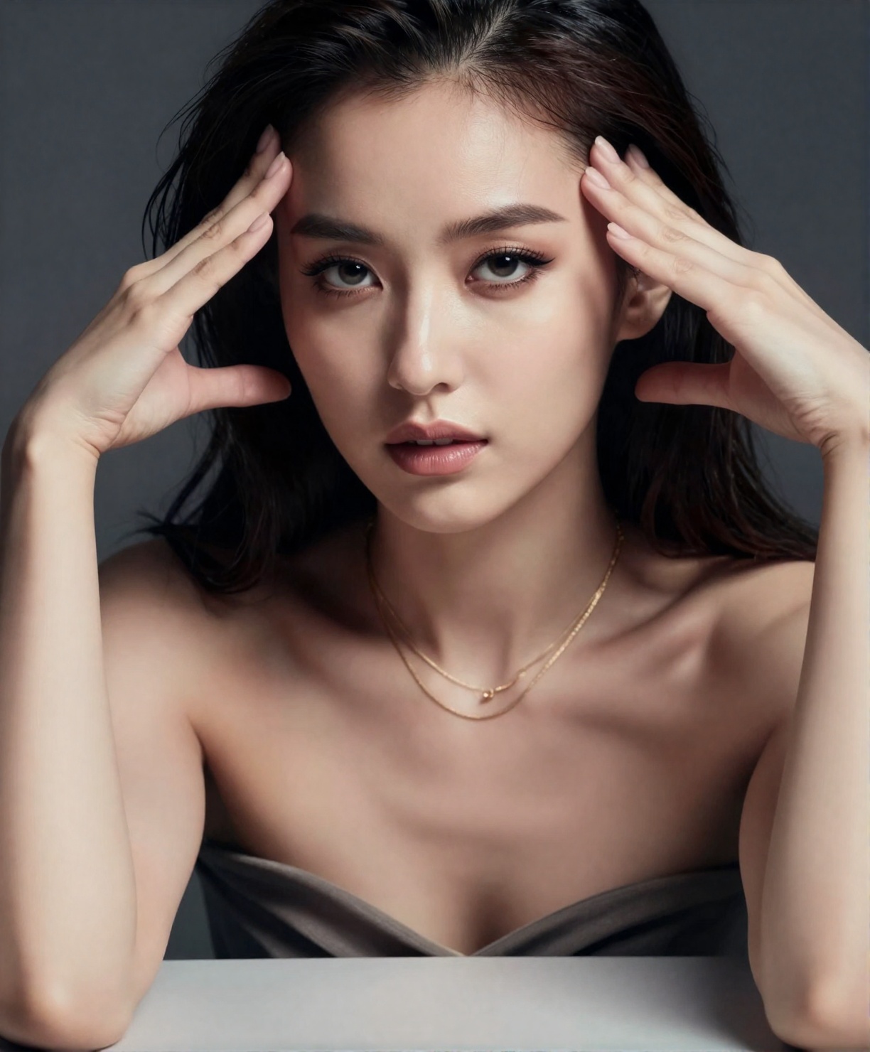 high-fashion editorial portrait of a 20yo elegant woman,  close-up beauty shot,  leaning slightly forward with both arms r...