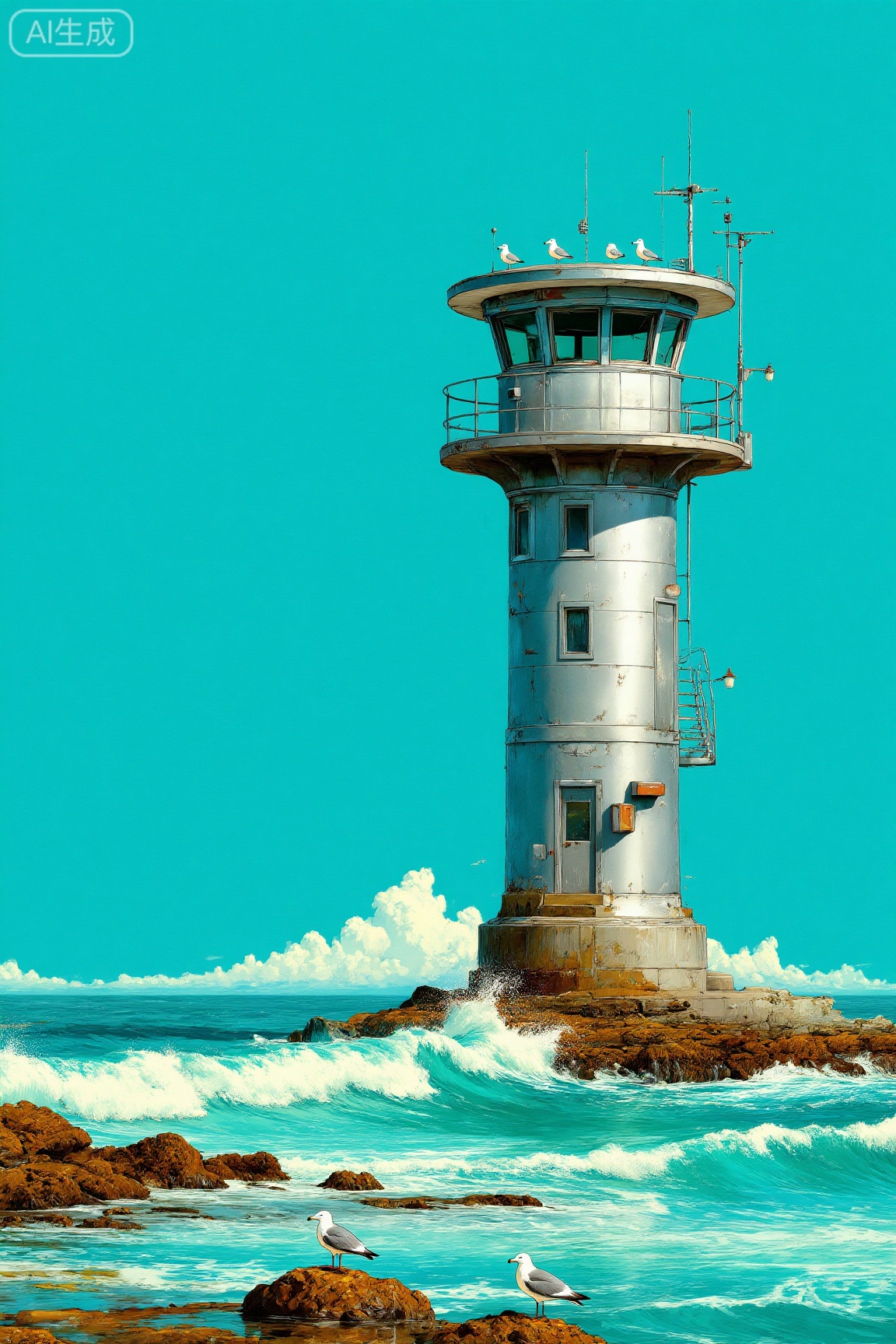 主体描述：画面展现一座银灰色的复古海滨瞭望塔,瞭望塔下方是波涛汹涌的大海,海边礁石上栖息着几只海鸥,复古治愈系插画风格,高饱和度撞色搭配