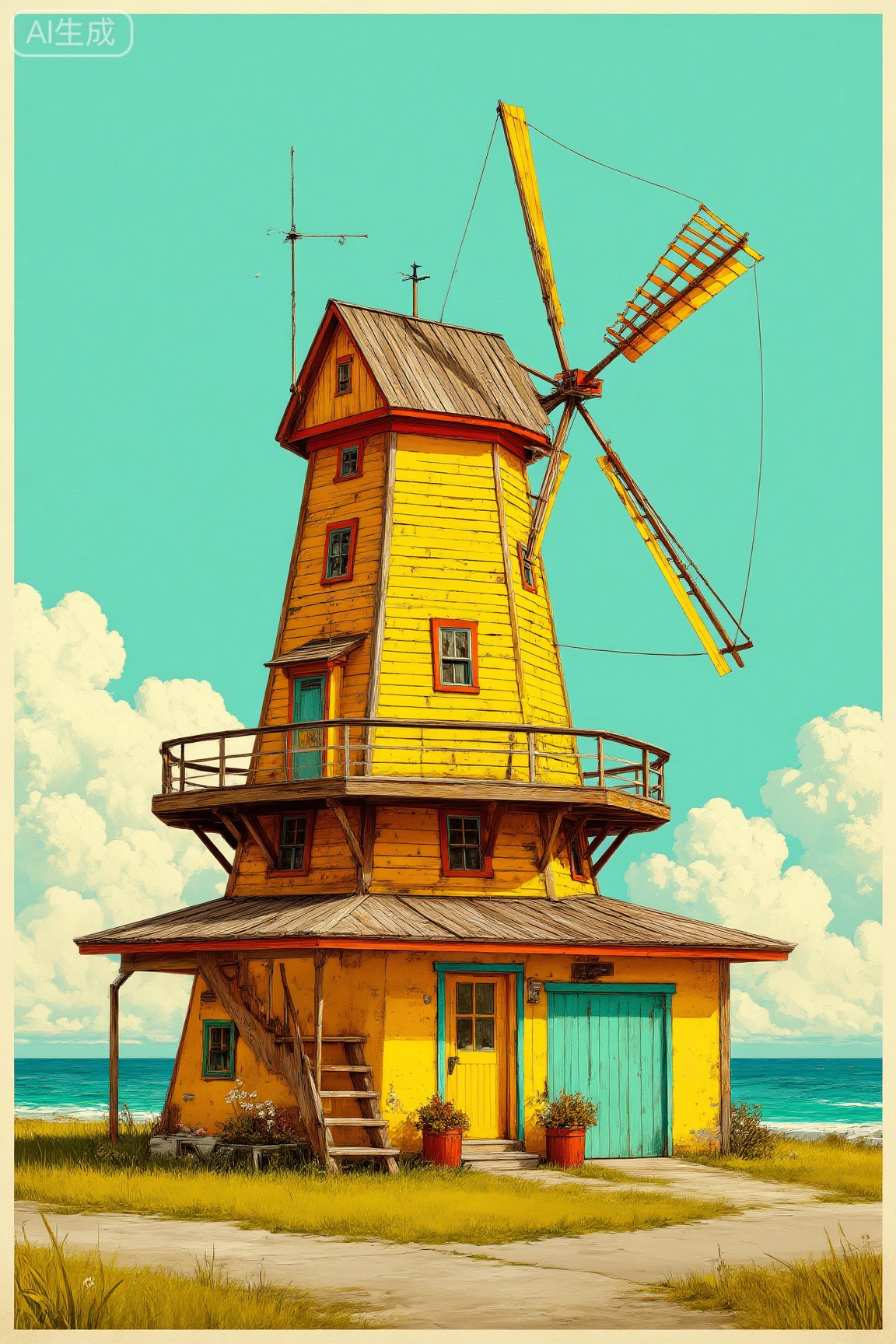 主体描述：一座黄棕色的复古海滨风车屋,复古治愈系插画风格,高饱和度撞色搭配