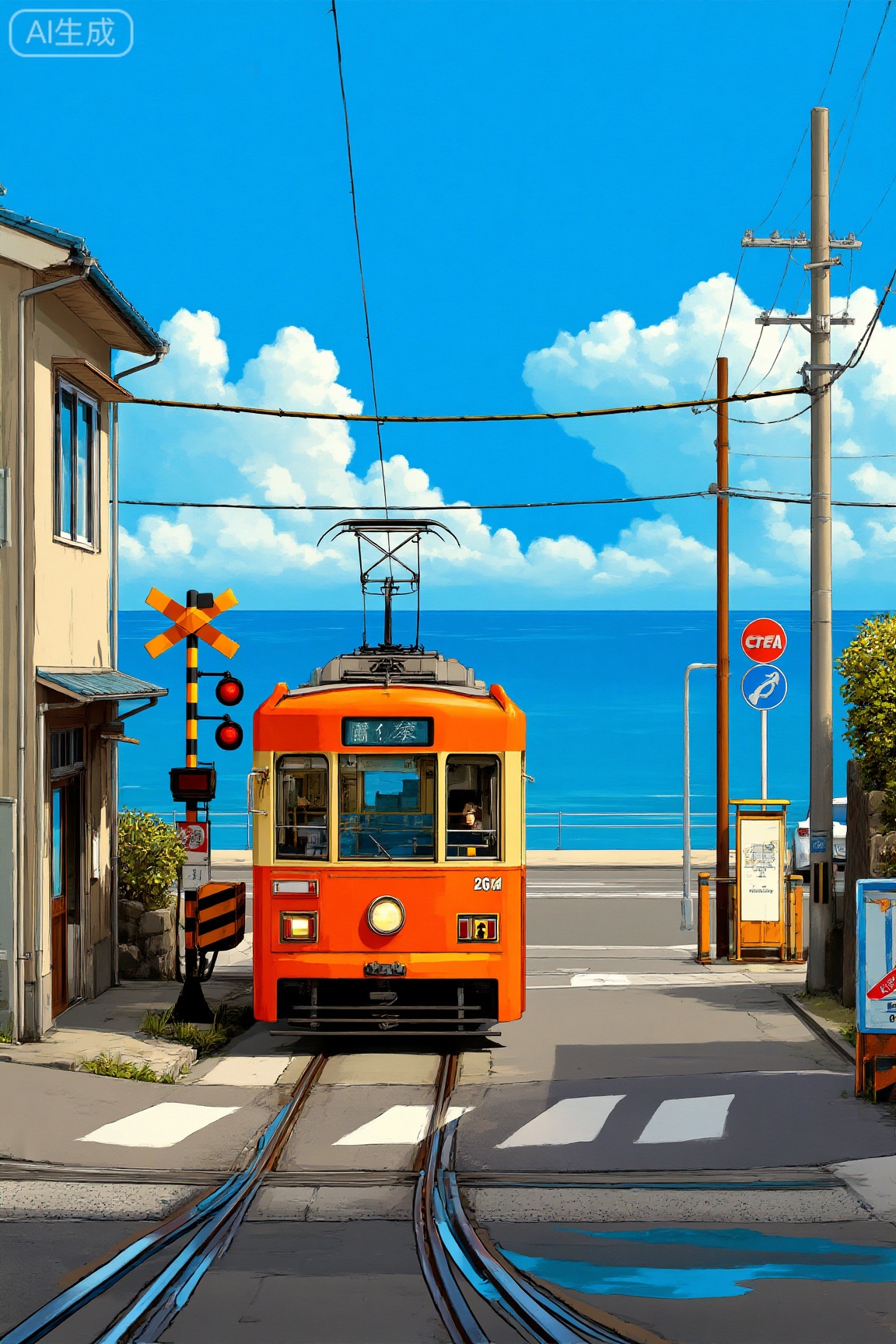 主体元素：画面中心是一辆橙黄色的复古有轨电车,停靠在海边道口,色彩明快且充满复古感, 场景细节：左侧是建筑,右侧是电线杆,交通标识等街道元素,远处是湛蓝的大海与天空,道口的斑马线,铁轨细节丰富,还原了日式小镇的日常街景,治愈系插画风格