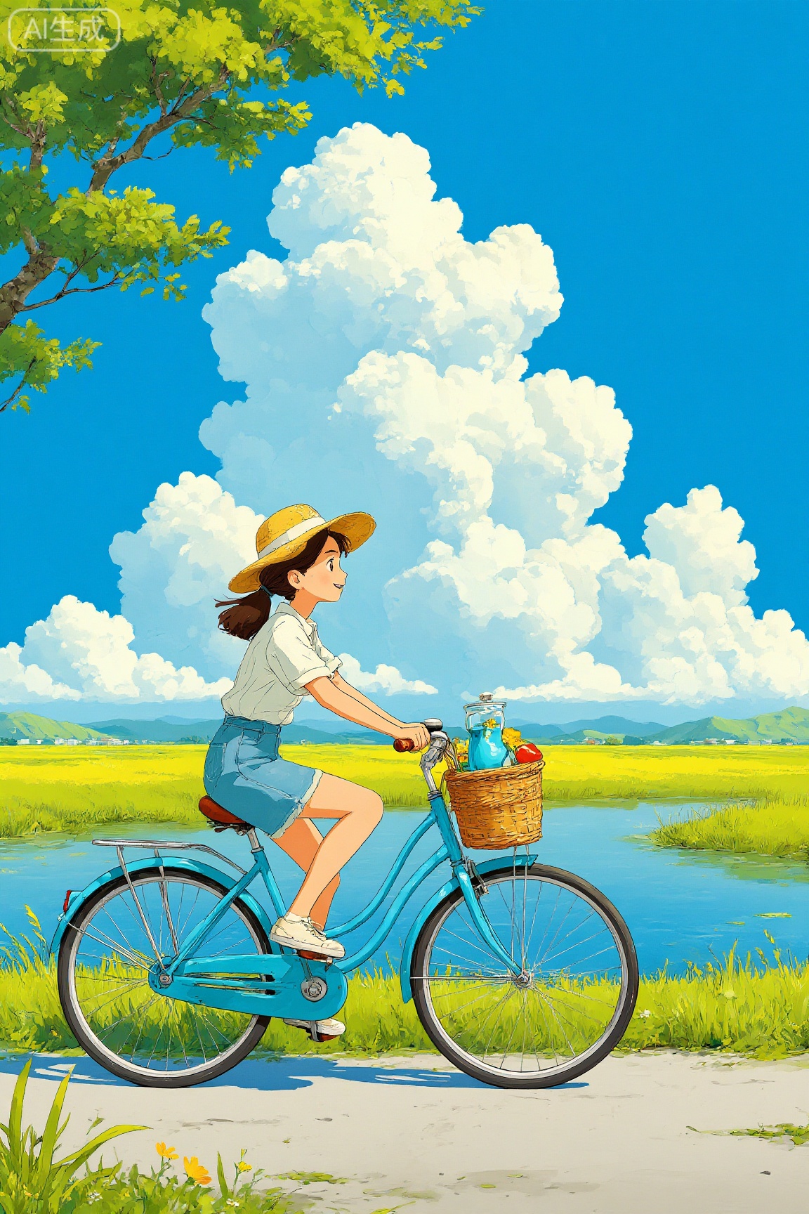 女孩骑着自行车,治愈系插画风格