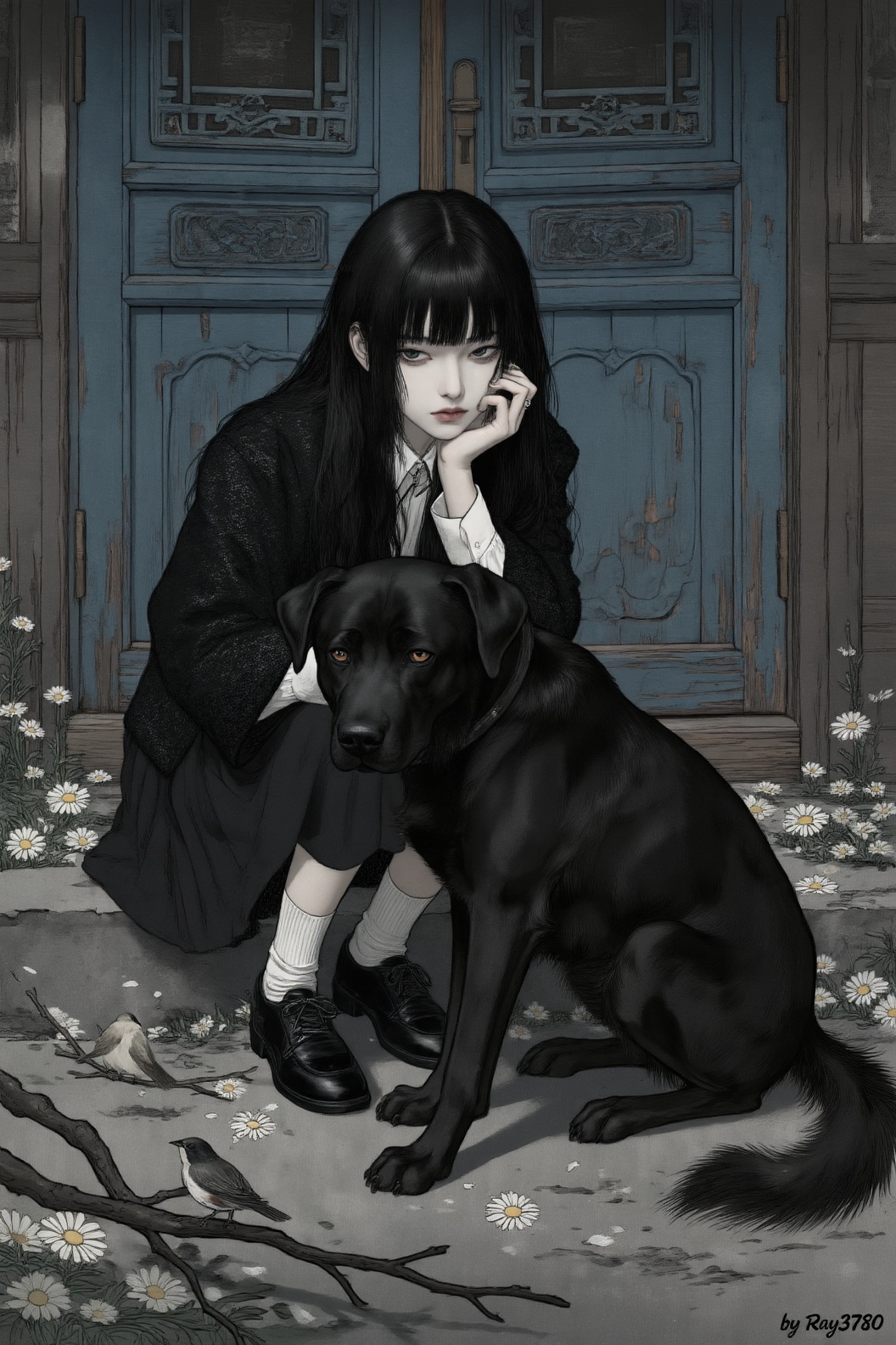 masterpiece,  best quality,  日式浮世绘风格。一位有着黑色长发和苍白皮肤的年轻女子 on Tensor.Art