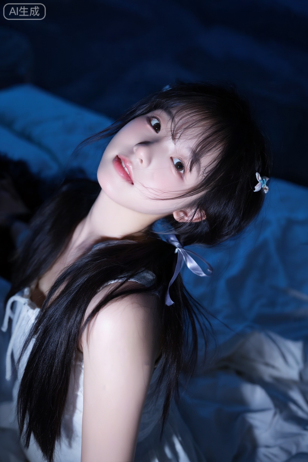 王家卫风格,画面偏暗,18岁的女学生,俏皮可爱的动作,慵懒,背景为夜晚没开灯的少女卧室柔和的光影勾勒人物轮廓,低角度仰拍构图,营造静谧松弛感,梦核日常真人自拍自然柔和光线,可爱的表情,鬓角发丝凌乱自然垂落,随机动态视角,精致发饰,精致萝莉风格穿搭,呆萌有钝感的少女微距镜头,超细节,冷白匀净清透细腻的皮肤,完美身材,半身镜头,黑长直深色长发系带束缚,年轻娇小,发丝呈现出自然的蓬松感与垂坠感,长发散落于肩头两侧,几缕发丝拂面,冷白皮纯欲风,有辨识度皮肤白皙fairskin,光滑,水润质感,陶醉表情自然动作随机符合逻辑轻度曝光特写镜头上半身眼睛看镜头,