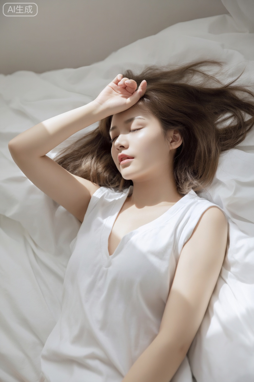 This photograph captures a young woman with fair skin and long

light brown hair lying on a white bed. She is wearing a white

sleeveless

V-neck top that slightly reveals her cleavage. Her eyes are closed

and her right arm is raised above her head

with her hand resting on her forehead. The soft

natural light casts gentle shadows across her face and body

highlighting her smooth skin. The white bed sheets beneath her are slightly wrinkled

adding texture to the image. The overall composition is serene and intimate

emphasizing a sense of relaxation and tranquility. The photograph is taken in a high-key style

with a focus on soft

natural light and minimalistic elements.

