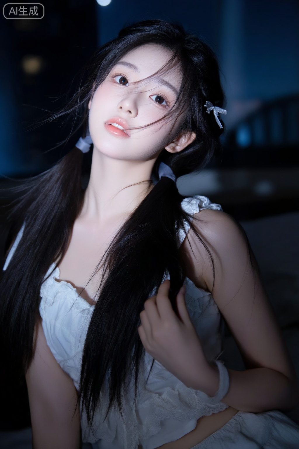 王家卫风格,画面偏暗,18岁的女学生,俏皮可爱的动作,慵懒,背景为夜晚没开灯的少女卧室柔和的光影勾勒人物轮廓,低角度仰拍构图,营造静谧松弛感,梦核日常真人自拍自然柔和光线,可爱的表情,鬓角发丝凌乱自然垂落,随机动态视角,精致发饰,精致萝莉风格穿搭,呆萌有钝感的少女微距镜头,超细节,冷白匀净清透细腻的皮肤,完美身材,半身镜头,黑长直深色长发系带束缚,年轻娇小,发丝呈现出自然的蓬松感与垂坠感,长发散落于肩头两侧,几缕发丝拂面,冷白皮纯欲风,有辨识度皮肤白皙fairskin,光滑,水润质感,陶醉表情自然动作随机符合逻辑轻度曝光特写镜头上半身眼睛看镜头,