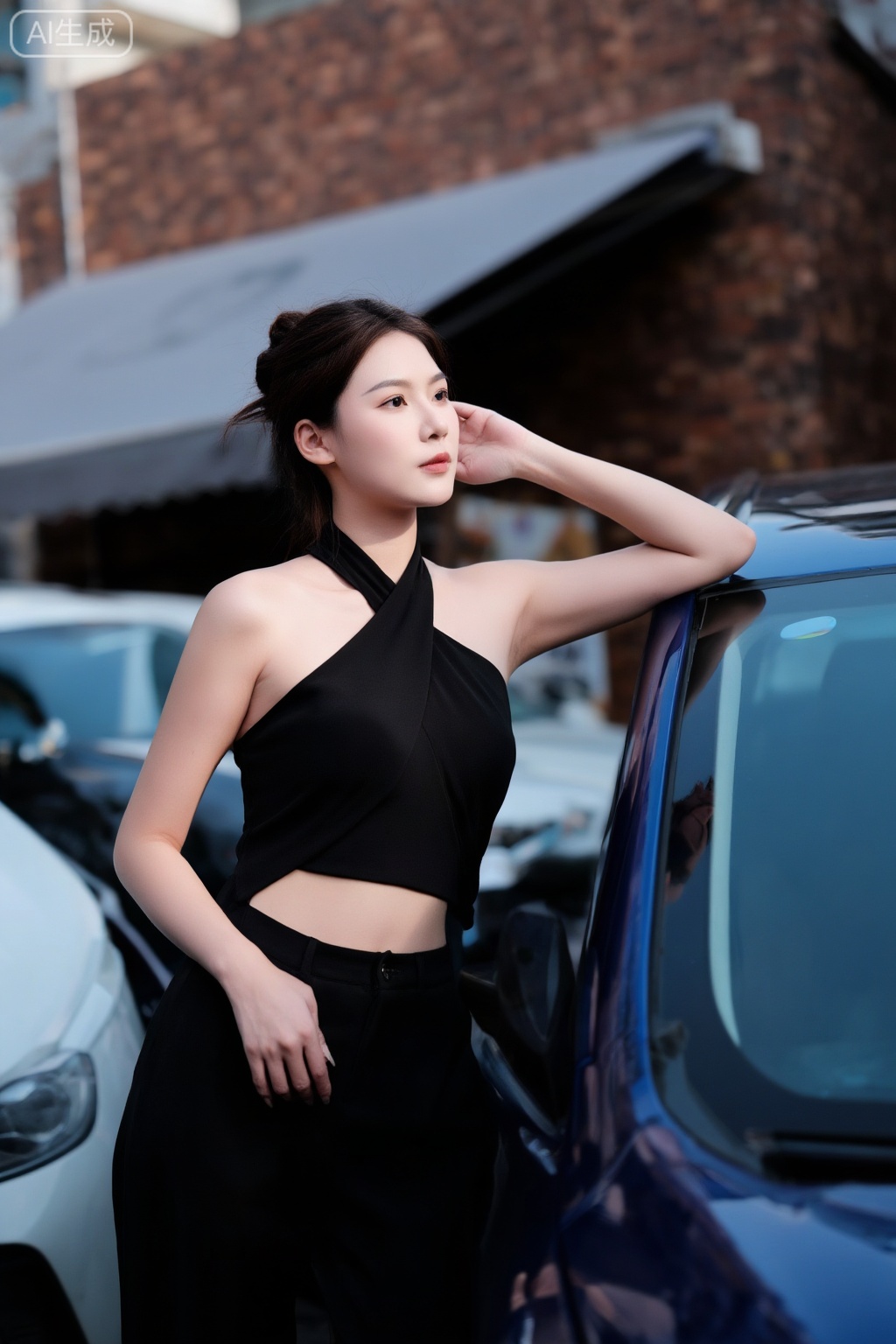 Photograph of an Asian woman standing beside a dark blue car in an urban setting. She has fair skin

dark brown hair in a messy bun

and is wearing a stylish

black

halter-neck

crop top with cut-out sides

paired with high-waisted

black pants. She has a slim

toned physique and is looking off to the side with a calm expression. Her left arm rests on the cars roof. The background includes a brown brick building with a gray awning and parked cars. The image has a shallow depth of field

making the woman and the car in the foreground sharp while the background is blurred.

