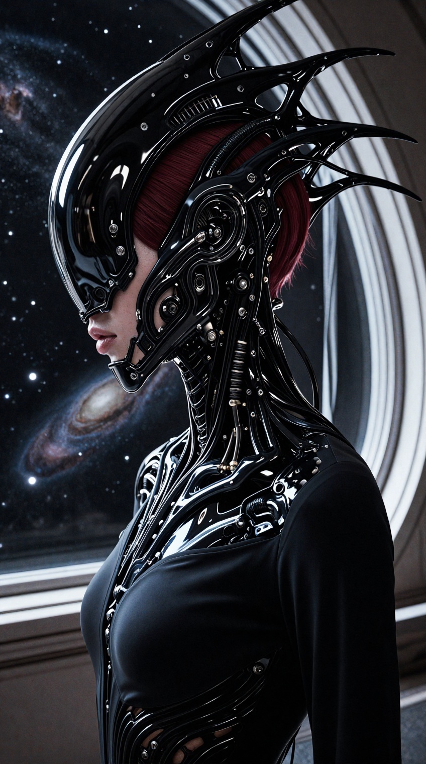 GOTHIC XENO HELMET worn by a female figure,  medium shot portrait (from mid-torso up),  side profile view. The helmet is a...