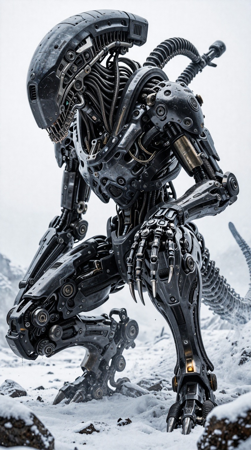 XENOMORPH MECHANOID — a cybernetic xenomorph entity,  fully mechanical and biomechanical hybrid,  crouching in a predatory...