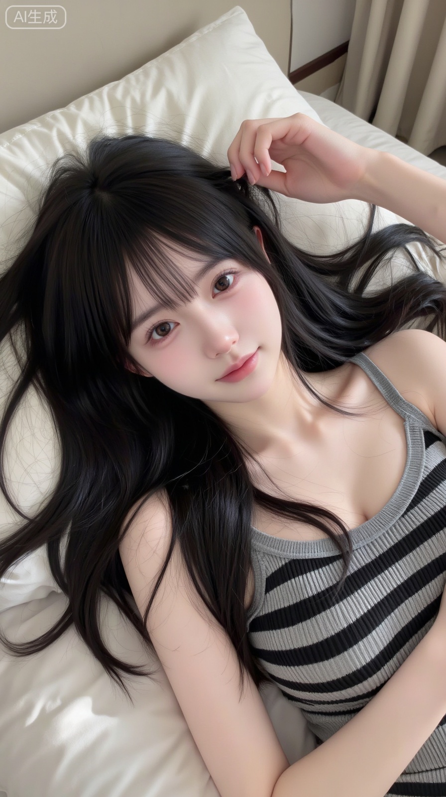 This picture uses close-up shots to present a high-definition and realistic picture. The picture shows a young woman lying on a white pillow, wearing a gray-black striped top. The long black hair naturally scattered, and the posture looked relaxed and comfortable. The background is a simple indoor environment, with soft tones on the walls and furniture, bright and soft light, illuminating from the side, clearly showing the character's hair texture, clothing details and relaxed expression. The overall picture conveys a warm and leisurely atmosphere,