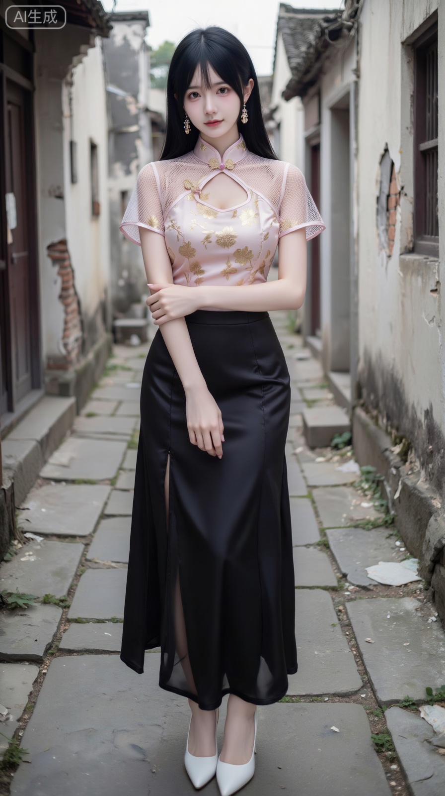 Real photography, high quality, masterpiece, a young woman with long black hair, wearing earrings. Wearing a light pink mesh cheongsam, with golden floral prints on the cheongsam, presenting a classic Chinese cheongsam style. The cheongsam adopts a stand-up collar design, and the neckline is hollowed out to add unique charm. The short sleeves are made of mesh, with high hem and crossed. Standing confidently and gracefully, wearing white high heels. Standing in an ancient alley, damaged walls, stone pavement, depth of field, real light and shadow effects, professional composition, full body picture