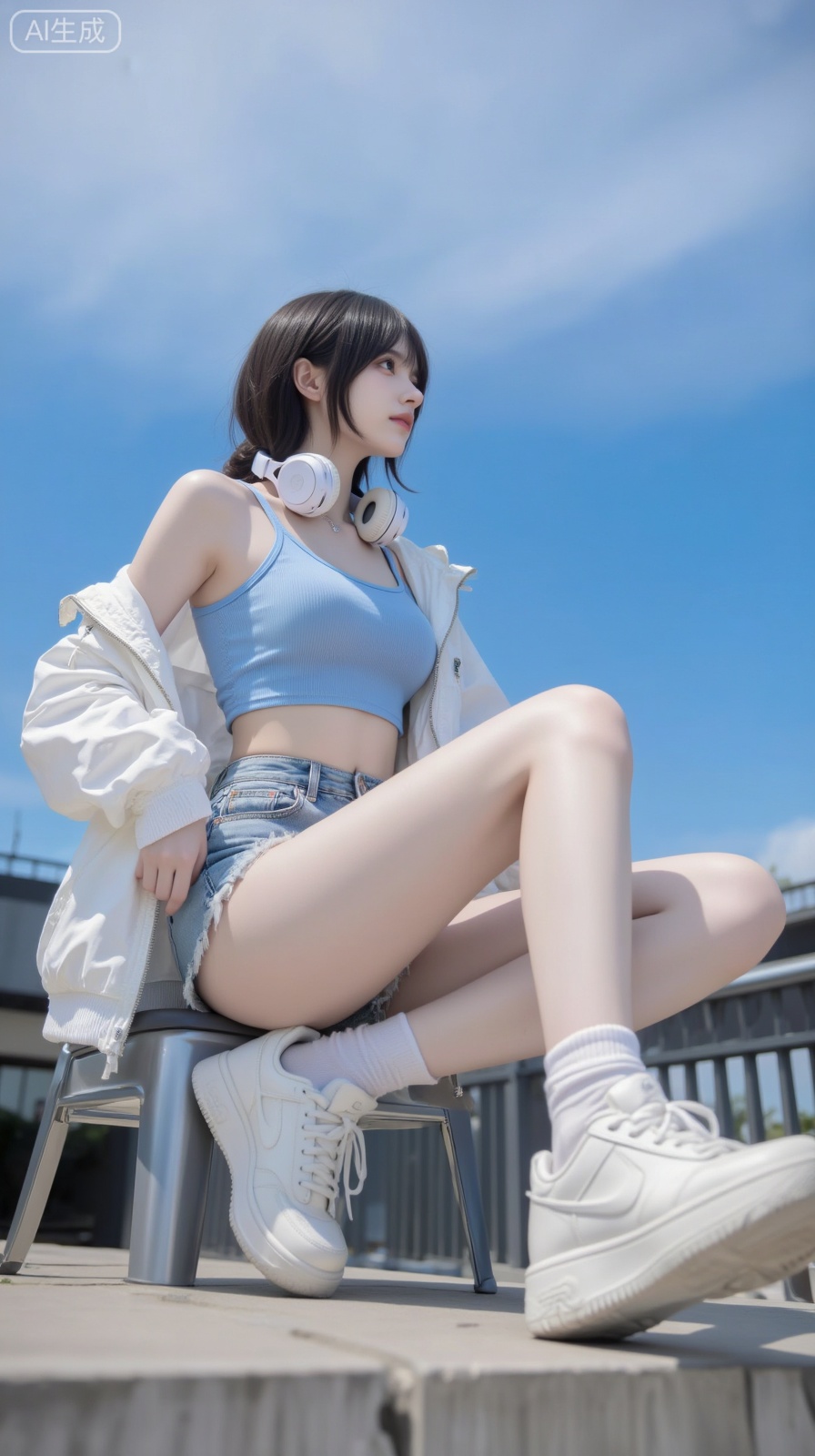 The image shows a person sitting outdoors on a chair or stool, wearing a light blue crop top, denim shorts, a white jacket, and white sneakers. They are also wearing a white headphone around their neck . The background is a clear blue sky, and the person is positioned in a way that suggests they are looking to the side, with one leg bent and the other extended. The overall setting appears to be bright and sunny.