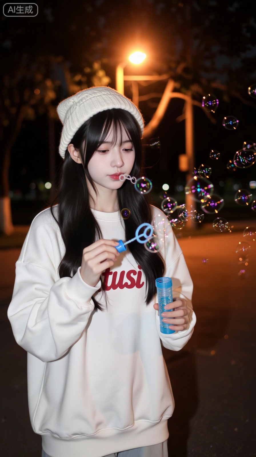 A girl, real photography, in the corner of the park at night, the dim street lights cast a warm orange light spot in the darkness, and the air is filled with the lazy atmosphere of summer nights. Ju Jing's long black hair is half-covered under a white knitted cap, with a few strands of hair hanging down her cheeks. She is wearing a white loose sweatshirt with a red "tusi" word pattern printed on her chest and holding a blue bubble wand. She concentrated on blowing bubbles, the warm light of the street lamp and the colorful reflection of the bubbles intertwined on her body. The pure white of the sweater was particularly eye-catching in the dark night, and her hair was gently ruffled by the breeze. The background is blurred tree shadows and flickering light spots. The light is dreamy and full of childlike interest, creating an atmosphere of innocence and romance with a hint of night mystery, showing the childlike innocence and joy released by women in the night.