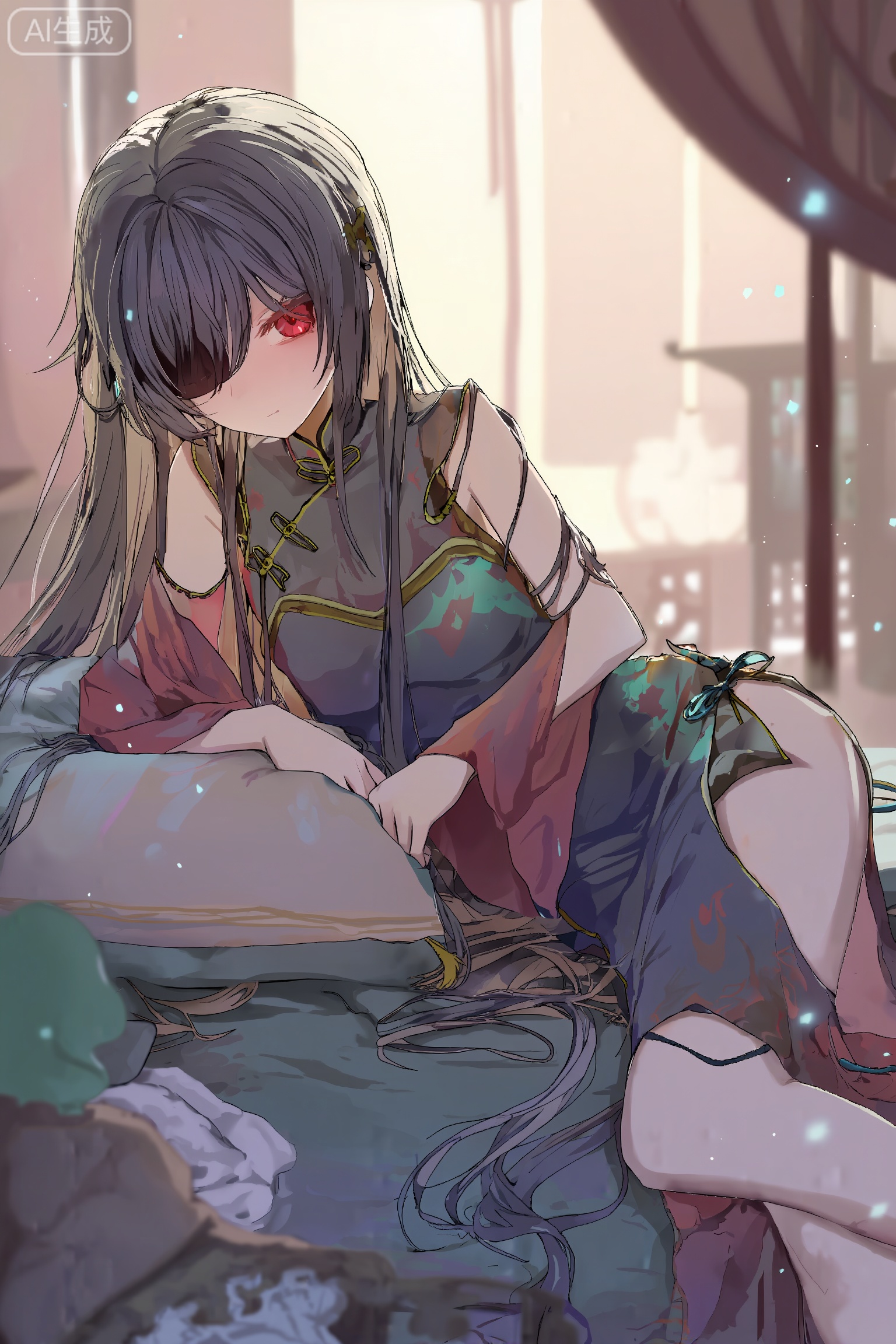 miyuki,crisp,gwwj,transparent,tender,trough,1girl,dusk \(arknights\),arknights,red eyes,hair over one eye,very long hair,looking at viewer,upper body,jitome,china dress,chinese clothes,official alternate costume,indoors,on bed,on side,pillow,arm support,depth of field,masterpiece,bestquality,newest,2024,very aesthetic,absurdres,traditional media,light particles,backlighting,