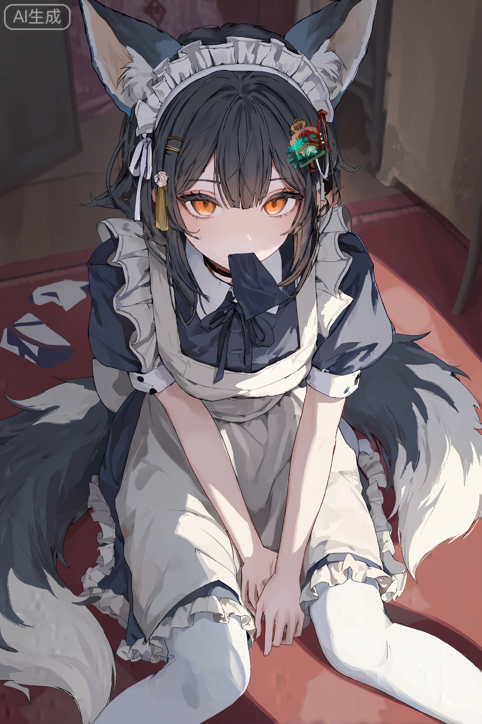 masterpiece,best quality,good quality,very aesthetic,a shot with tension,impactful picture,offcial art,movie perspective,extremely delicate and beautiful,huge filesize,amazing quality,artistic style,cool and fashionable,solo,
1girl,fox ears,fox tail,black hair,white hair,orange eyes,far wide_shot hair eyes,far hair eyes,
maid dress,apron,maid headdress,hair ornament,choker,white_pantyhose,
looking at viewer,(wariza:1.1),carpet,daifuku in the mouth,leaning_forward,hands_on_lap,